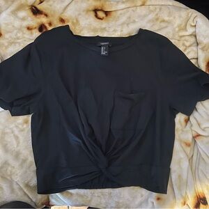 Forever 21 Black Twist-Front Top, Large - Cute Pocket Detail